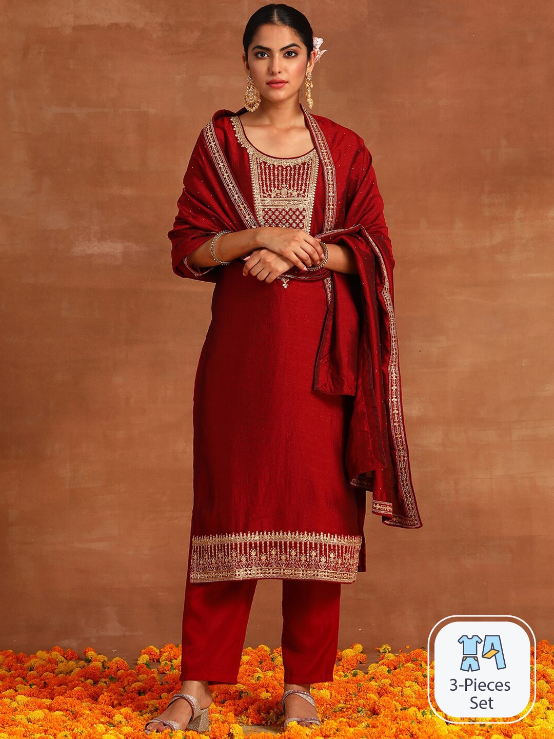 

Indo Era Ethnic Motifs Yoke Design Sequinned Detail Straight Kurta & Trousers With Dupatta, Maroon