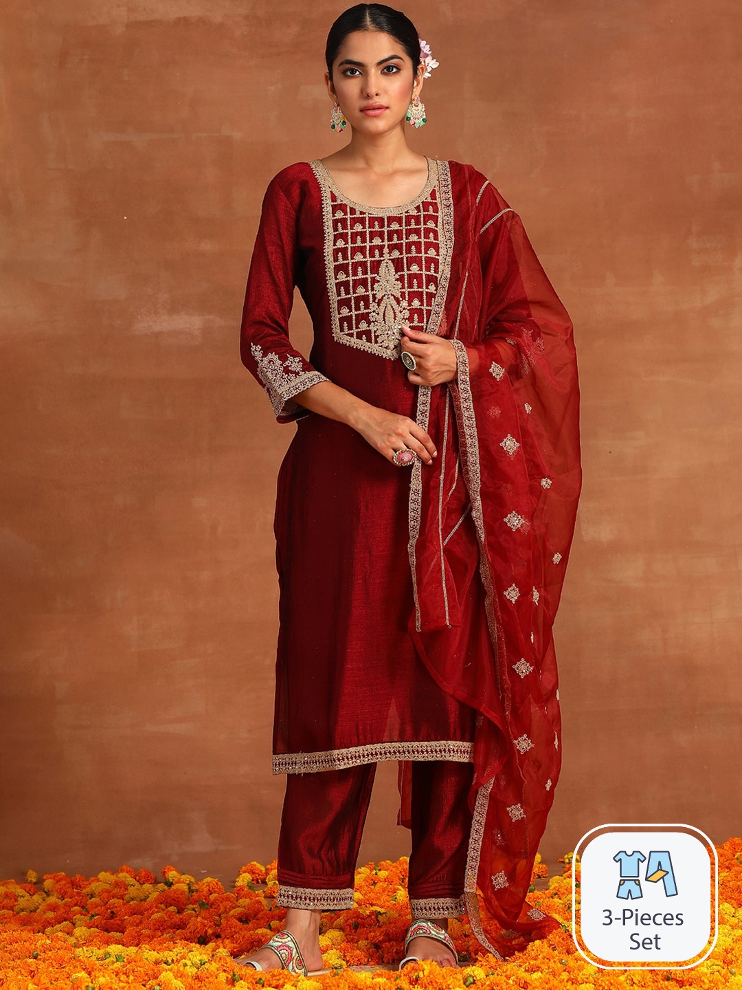 

Indo Era Embroidered Regular Thread Work Kurta With Trousers & Dupatta, Maroon