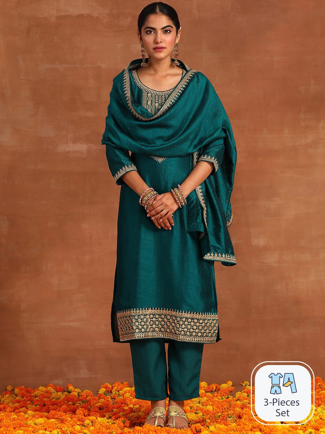 

Indo Era Ethnic Motif Embroidered Regular Sequinned Kurta With Trousers & Dupatta, Teal