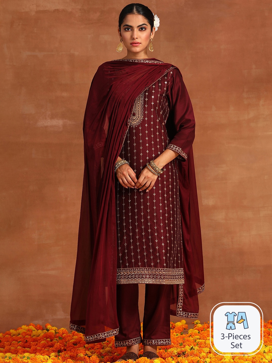 

Indo Era Embroidered Regular Thread Work Kurta With Trousers & Dupatta, Maroon