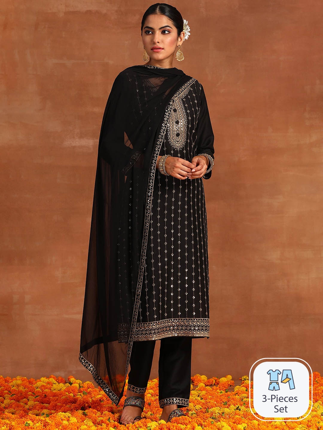 

Indo Era Ethnic Motif Embroidered Regular Sequinned Kurta with Trousers & With Dupatta, Black