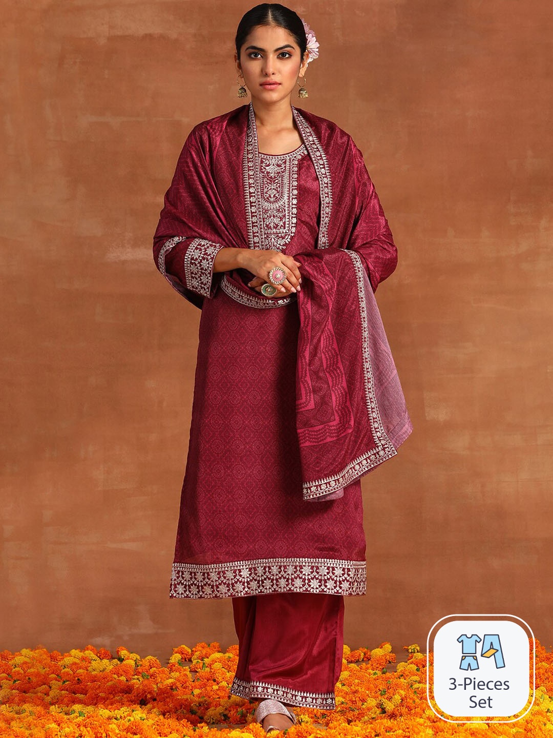 

Indo Era Ethnic Motifs Printed Sequinned Detail Straight Kurta & Palazzos With Dupatta, Maroon