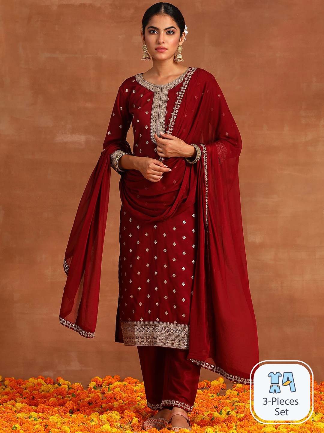 

Indo Era Ethnic Motif Embroidered Regular Sequinned Kurta With Trousers & Dupatta, Maroon