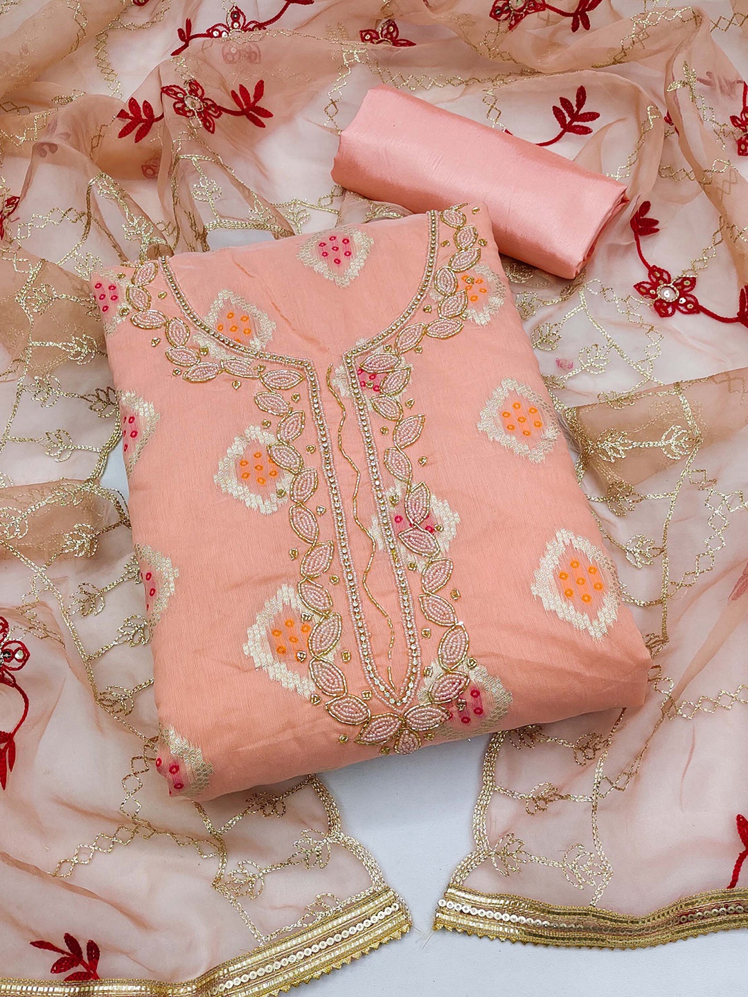 

KALINI Woven Design Beads & Stones Unstitched Dress Material, Peach