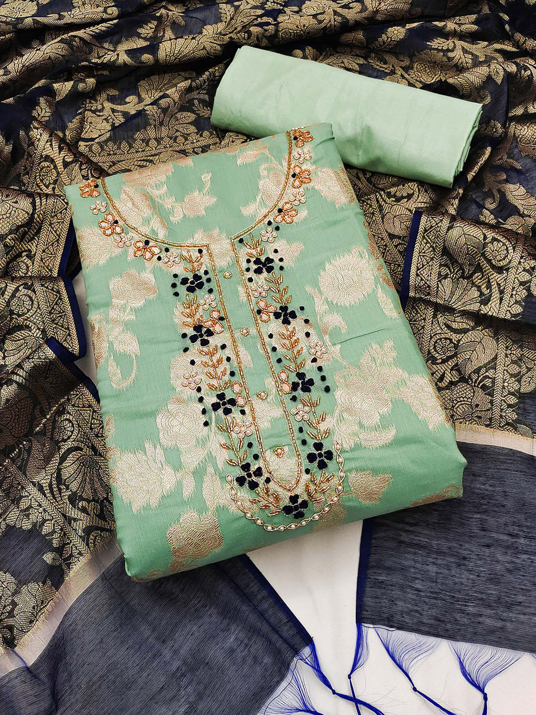 

KALINI Floral Woven Design Beads and Stones Unstitched Dress Material, Green
