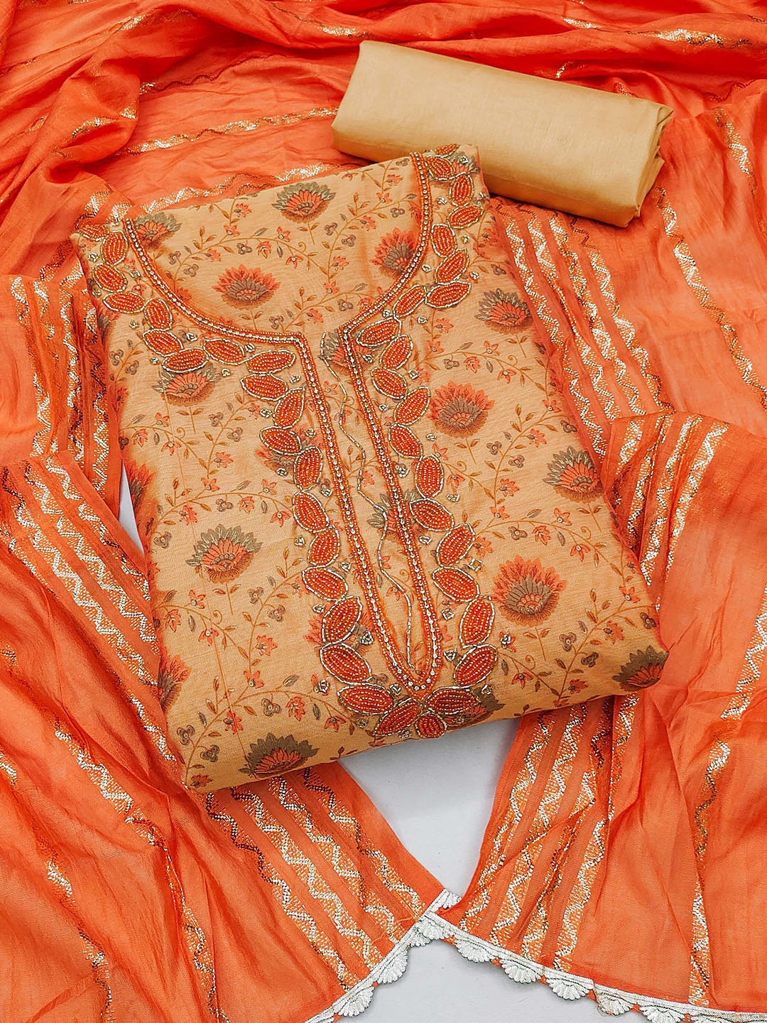 

KALINI Floral Printed Sequinned Unstitched Dress Material, Orange