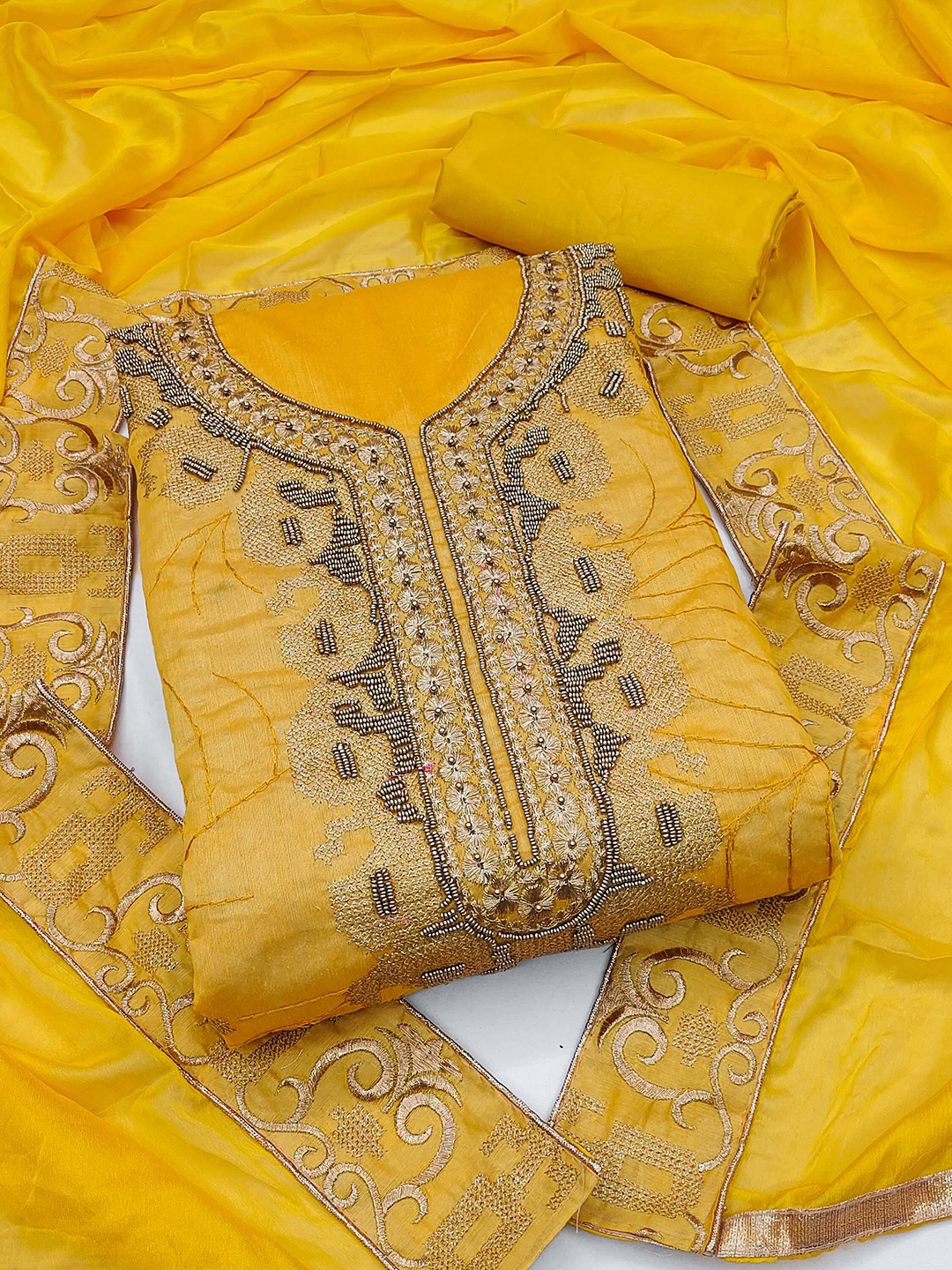 

KALINI Ethnic Embroidered Unstitched Dress Material, Yellow