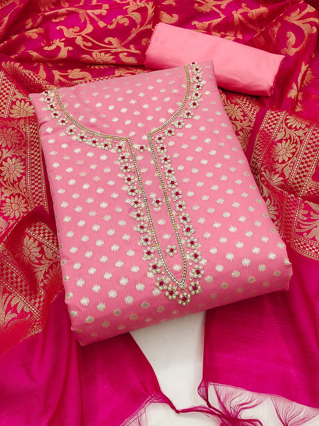 

KALINI Floral Woven Design Unstitched Dress Material, Pink