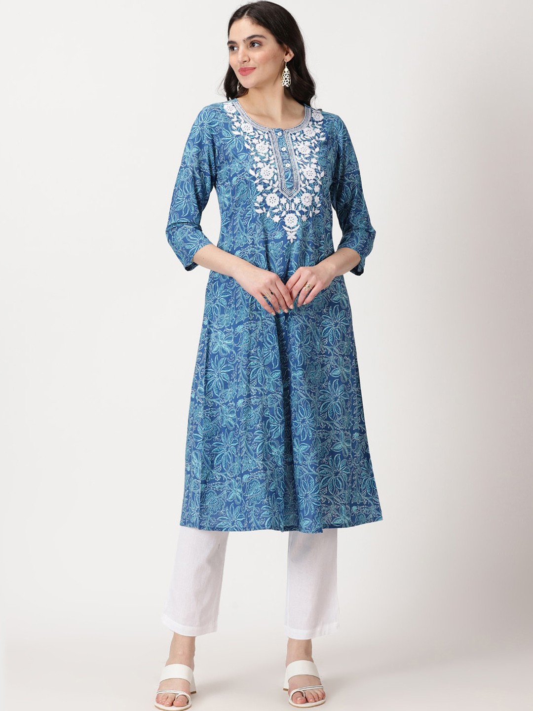 

Saffron Threads Floral Print Chikankari Embroidery Pure Cotton A-Line Kurta, Blue