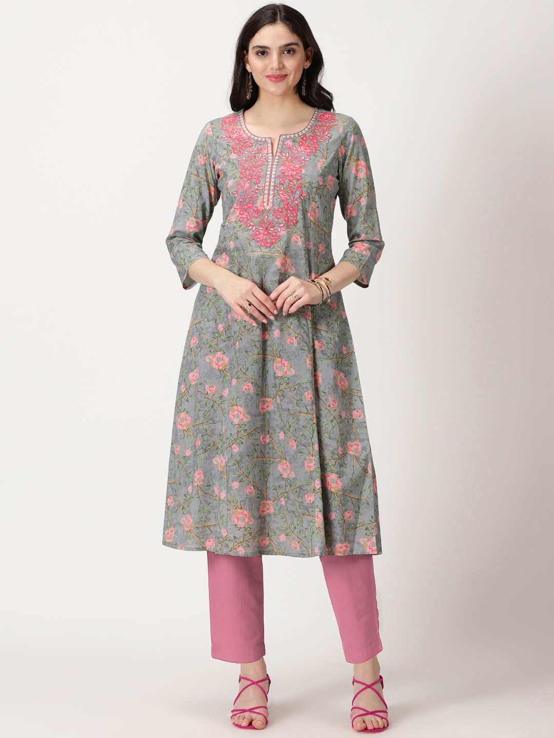 

Saffron Threads Floral Printed Thread Work A-Line Pure Cotton Kurta, Grey
