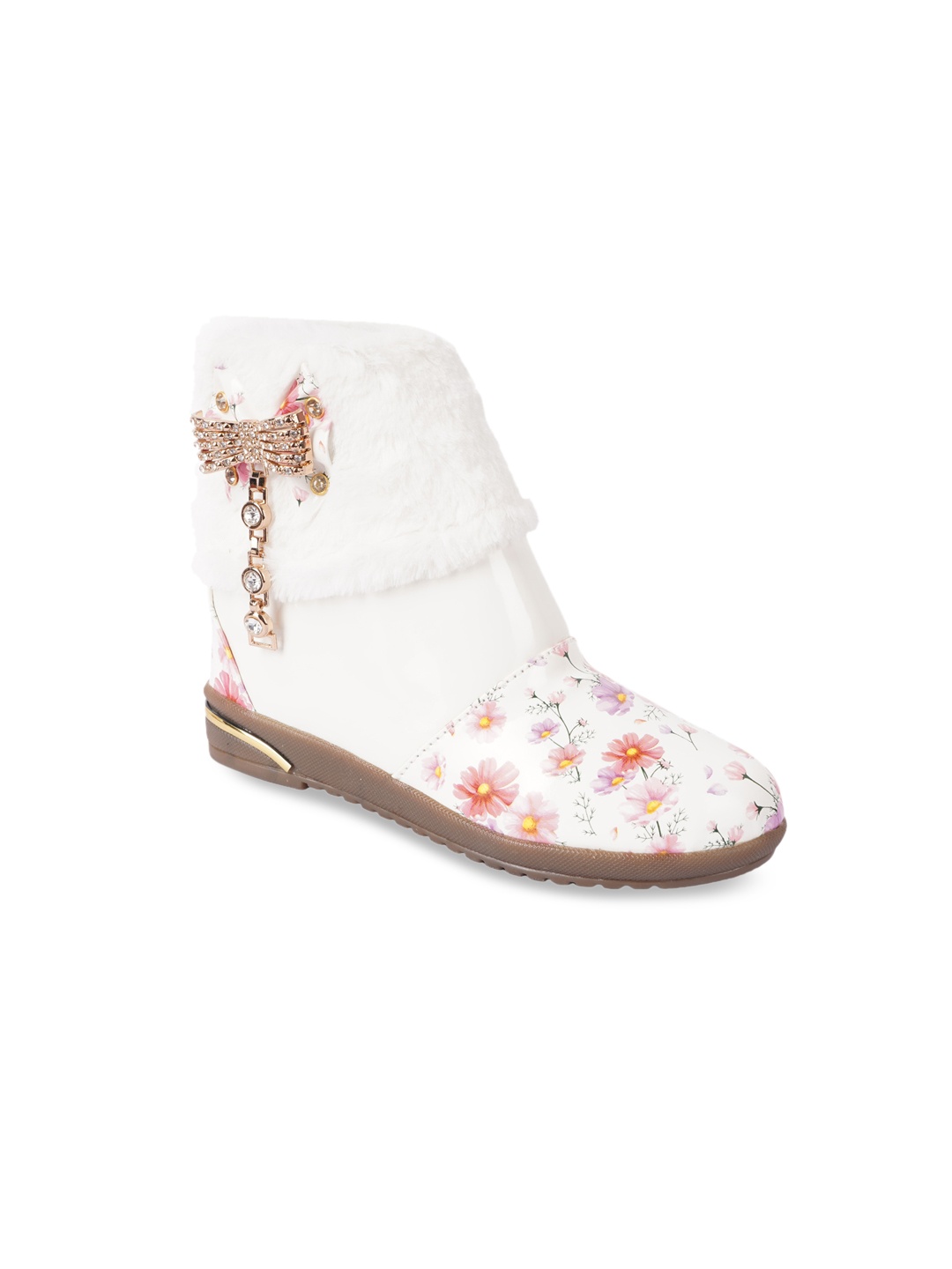 

BAESD Girls Mid Top Printed Embellished Faux Fur Trim Winter Boots, White