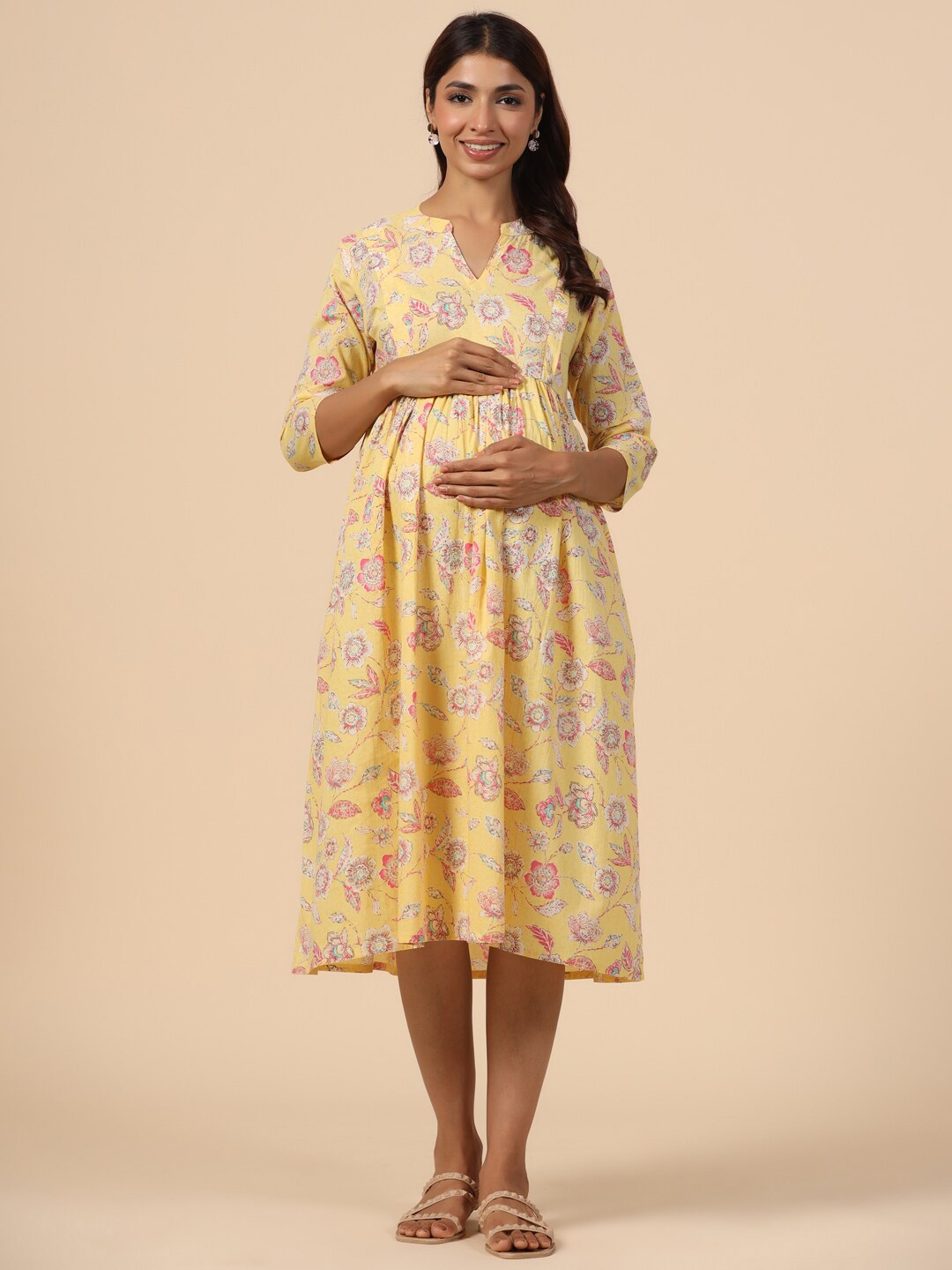 

CRAFIQA Floral Printed Mandarin Collar Pure Cotton Maternity Fit & Flare Midi Dress, Yellow