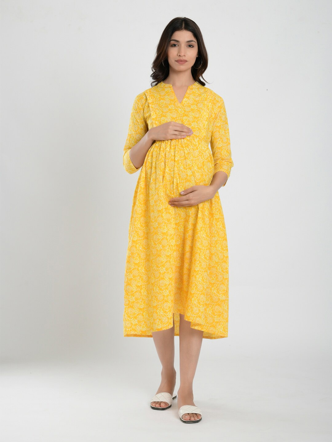 

CRAFIQA Floral Printed Mandarin Collar Pure Cotton Maternity Fit & Flare Midi Dress, Yellow