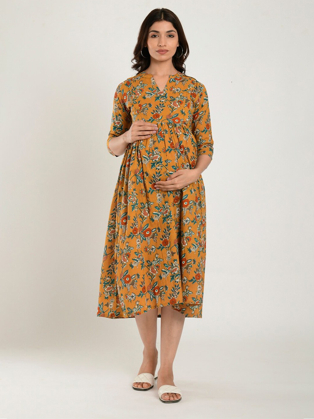 

CRAFIQA Floral Print Mandarin Collar Fit & Flare Maternity Midi Dress, Mustard