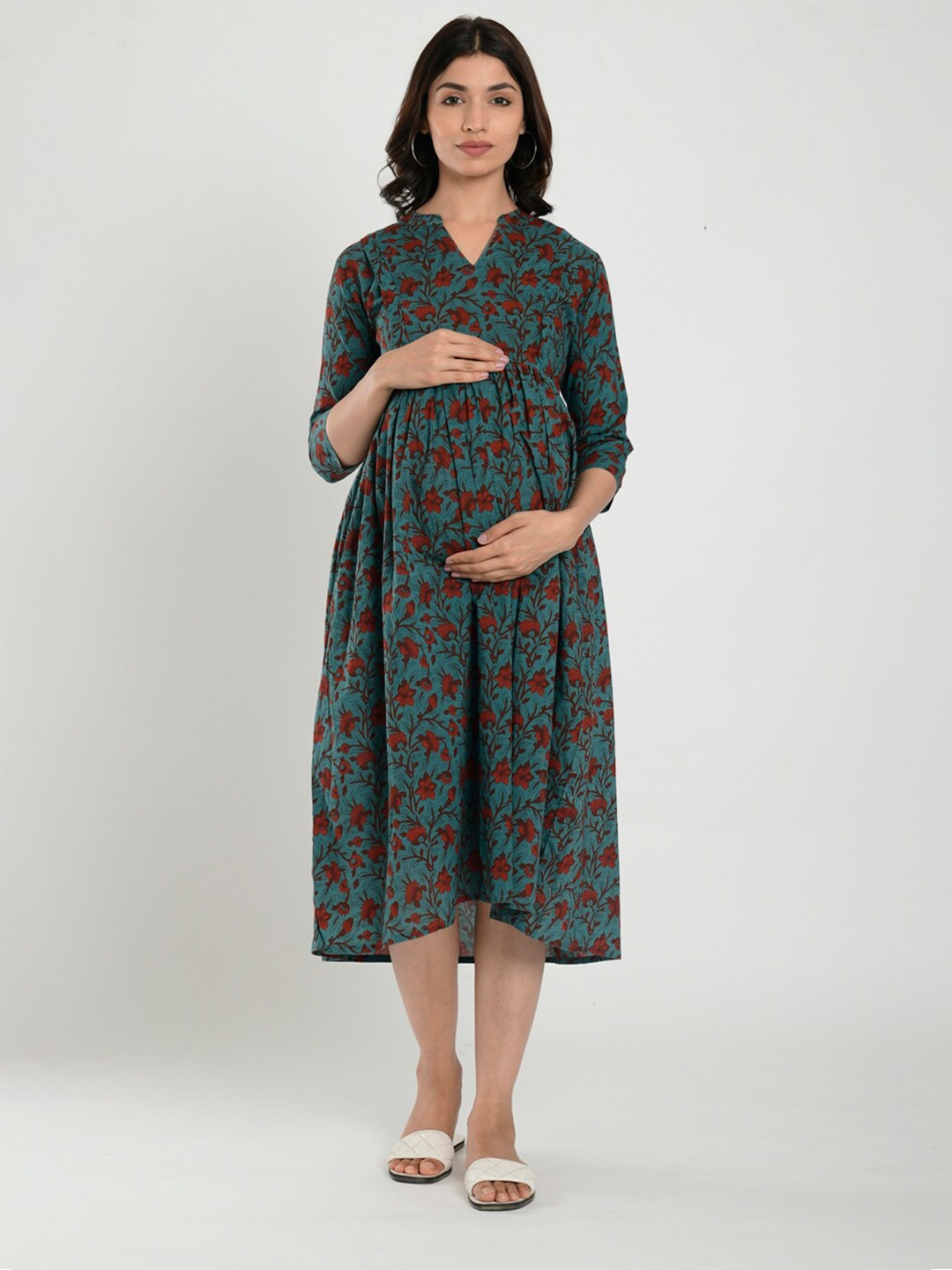 

CRAFIQA Floral Print Mandarin Collar Fit & Flare Maternity Midi Dress, Blue