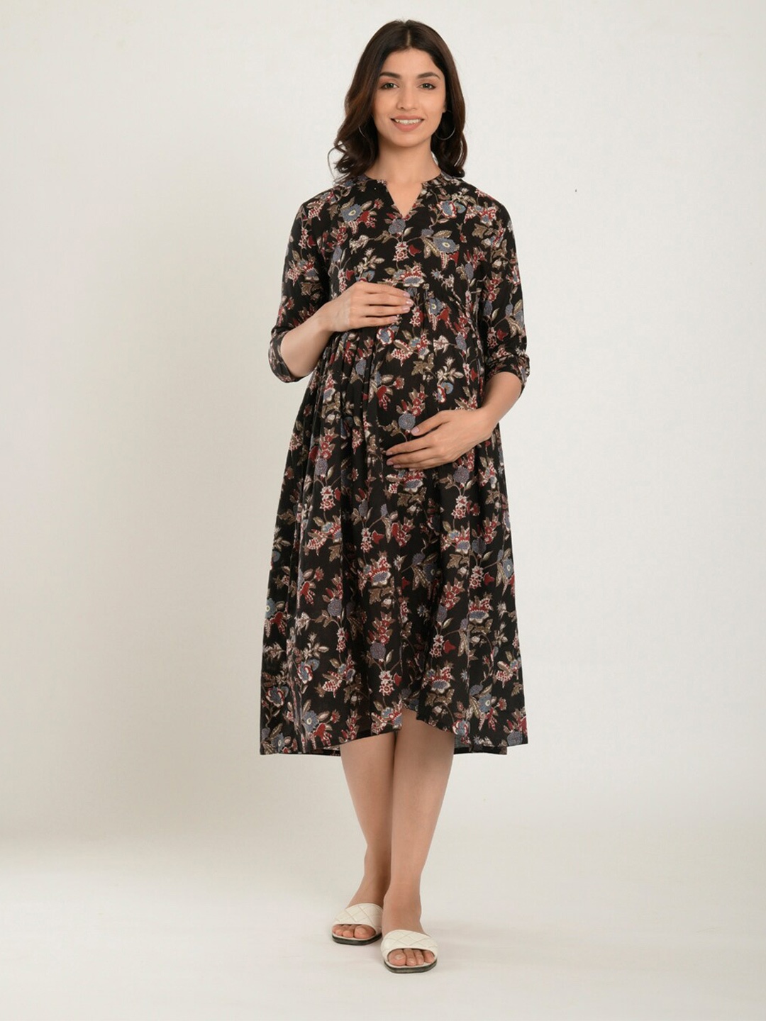 

CRAFIQA Floral Print Mandarin Collar Fit & Flare Maternity Midi Dress, Black