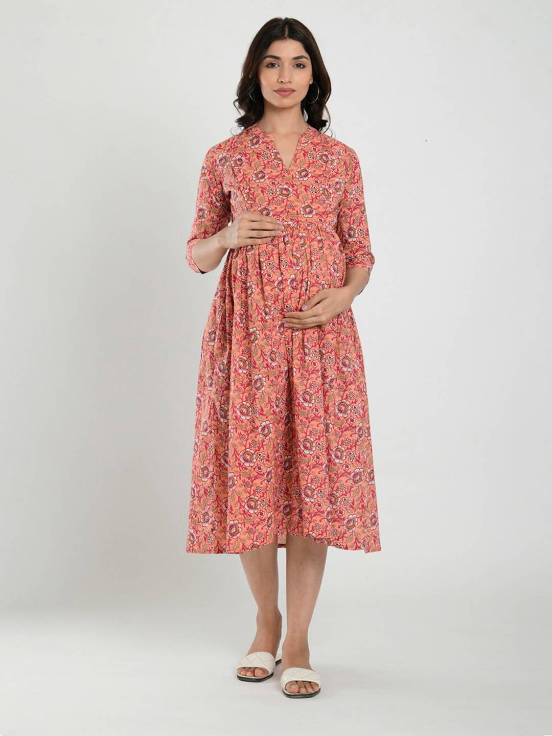 

CRAFIQA Floral Print Mandarin Collar Fit & Flare Maternity Midi Dress, Peach