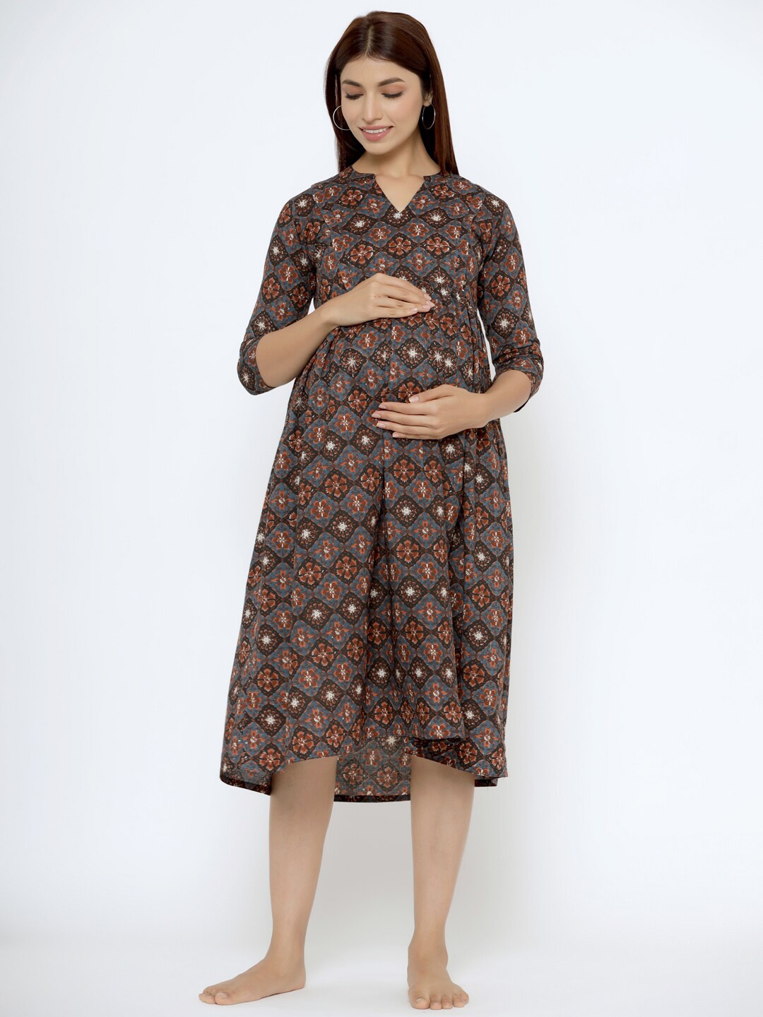 

CRAFIQA Floral Print Mandarin Collar Fit & Flare Maternity Midi Dress, Black