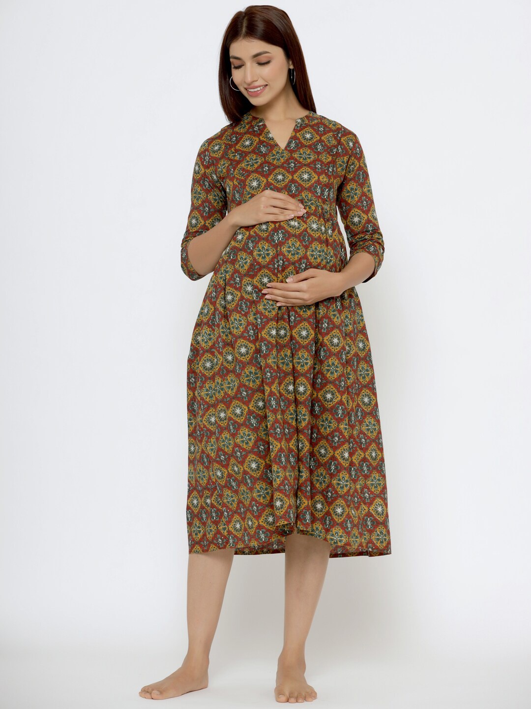 

CRAFIQA Floral Printed Fit & Flare Pure Cotton Maternity Midi Dress, Mustard
