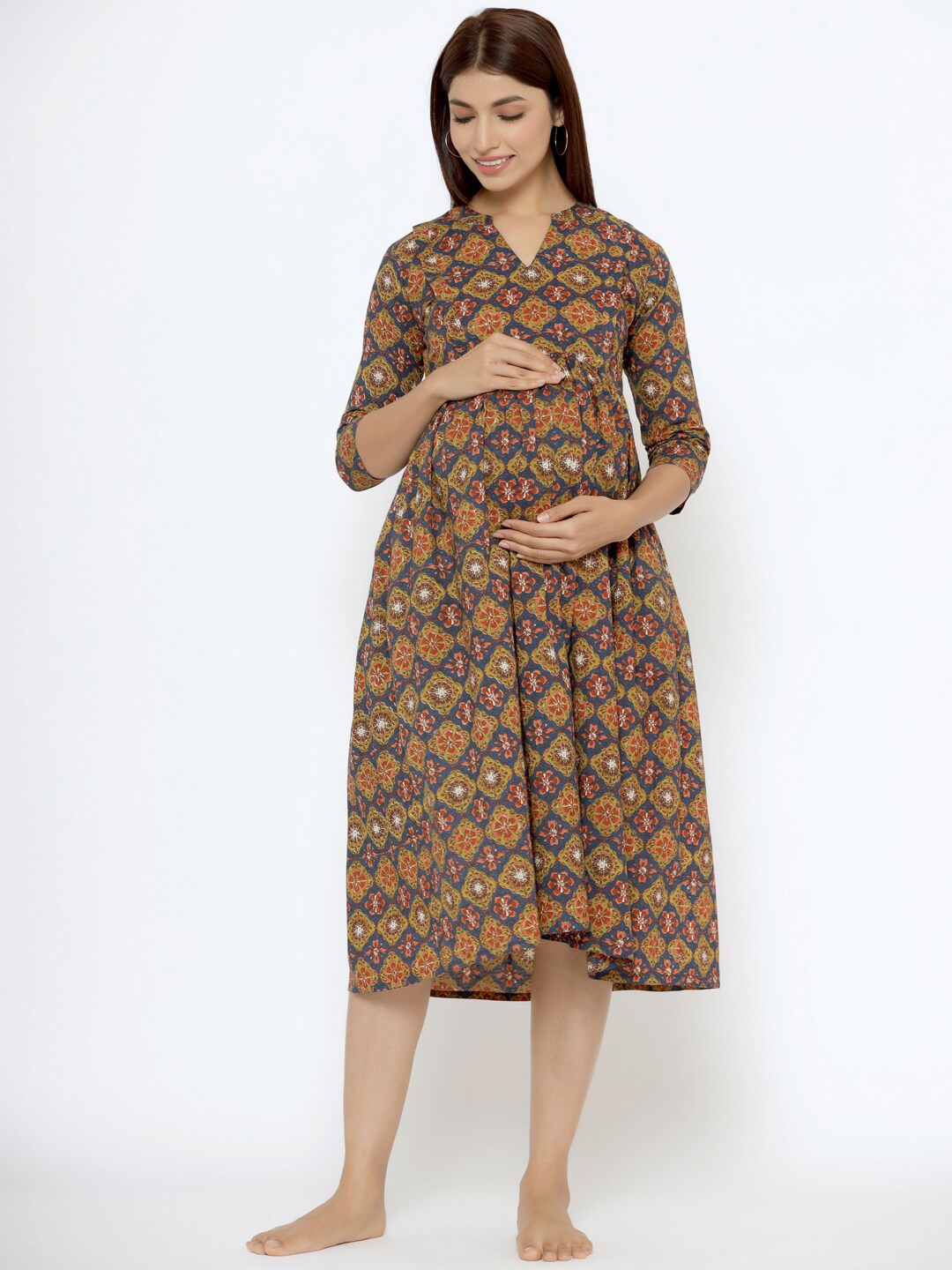

CRAFIQA Floral Printed Fit & Flare Pure Cotton Maternity Midi Dress, Blue
