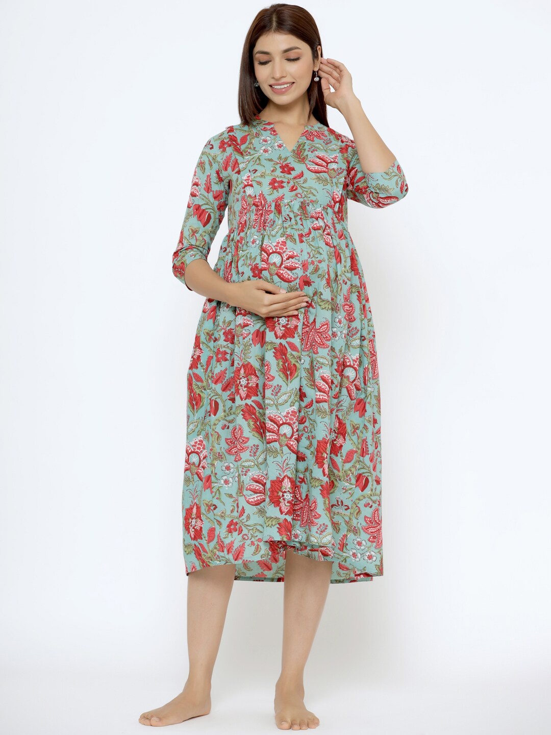 

CRAFIQA Floral Printed Fit & Flare Pure Cotton Maternity Midi Dress, Turquoise blue