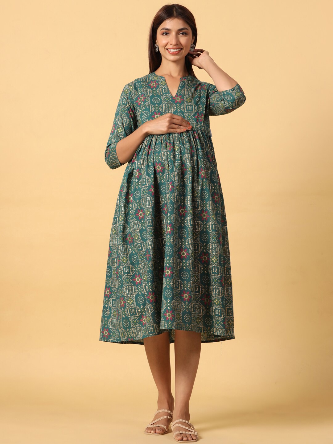 

CRAFIQA Floral Printed Fit & Flare Pure Cotton Maternity Midi Dress, Green
