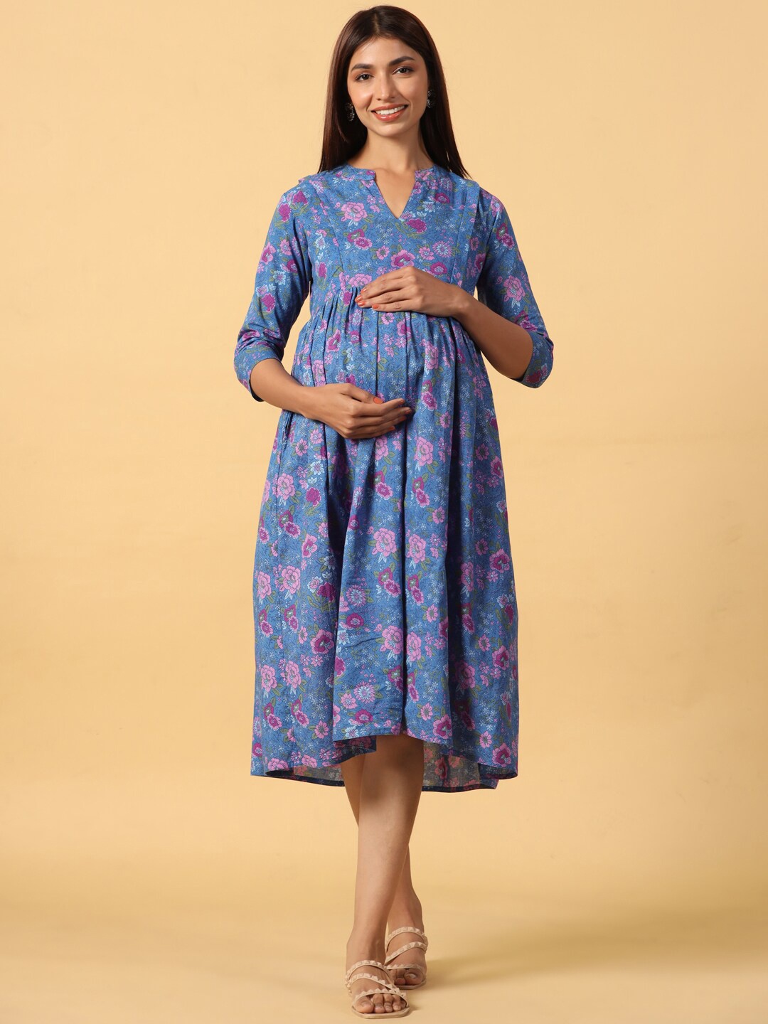 

CRAFIQA Floral Printed Fit & Flare Pure Cotton Maternity Midi Dress, Blue