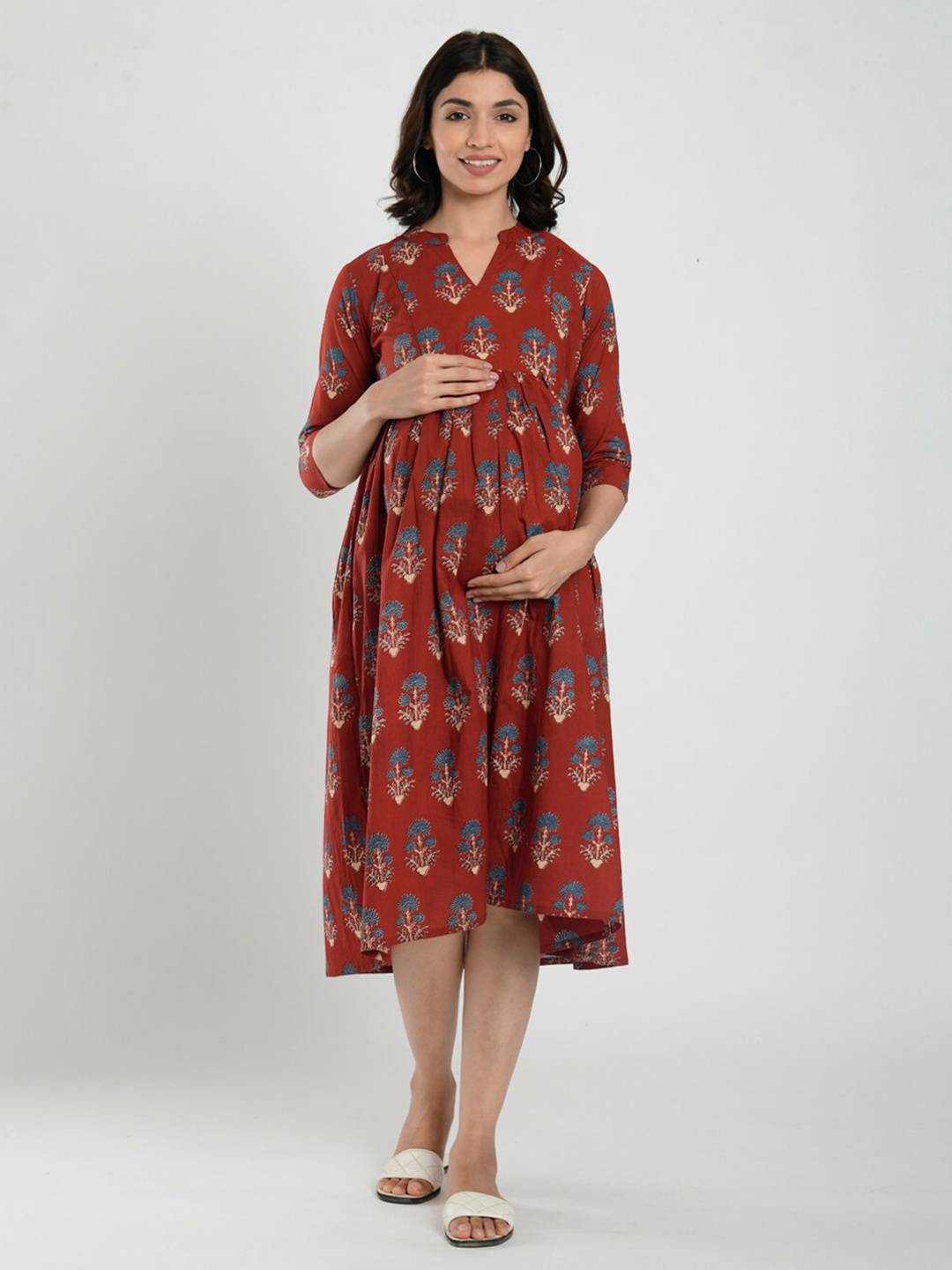 

CRAFIQA Floral Printed Fit & Flare Pure Cotton Maternity Midi Dress, Maroon