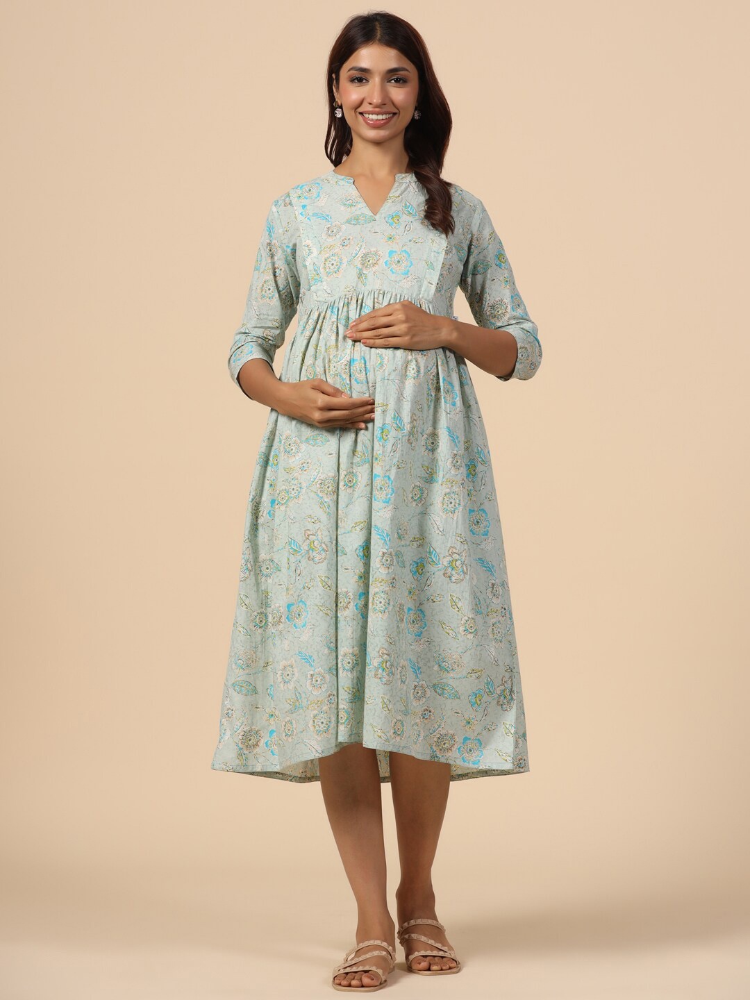 

CRAFIQA Floral Printed Maternity & Nursing Pure Cotton Pleated Fit & Flare Midi Dress, Blue