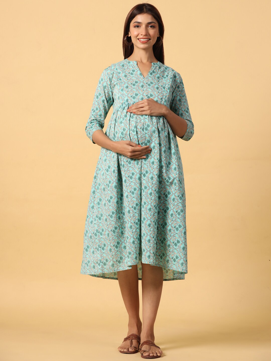 

CRAFIQA Floral Printed Maternity & Nursing Pure Cotton Pleated Fit & Flare Midi Dress, Green