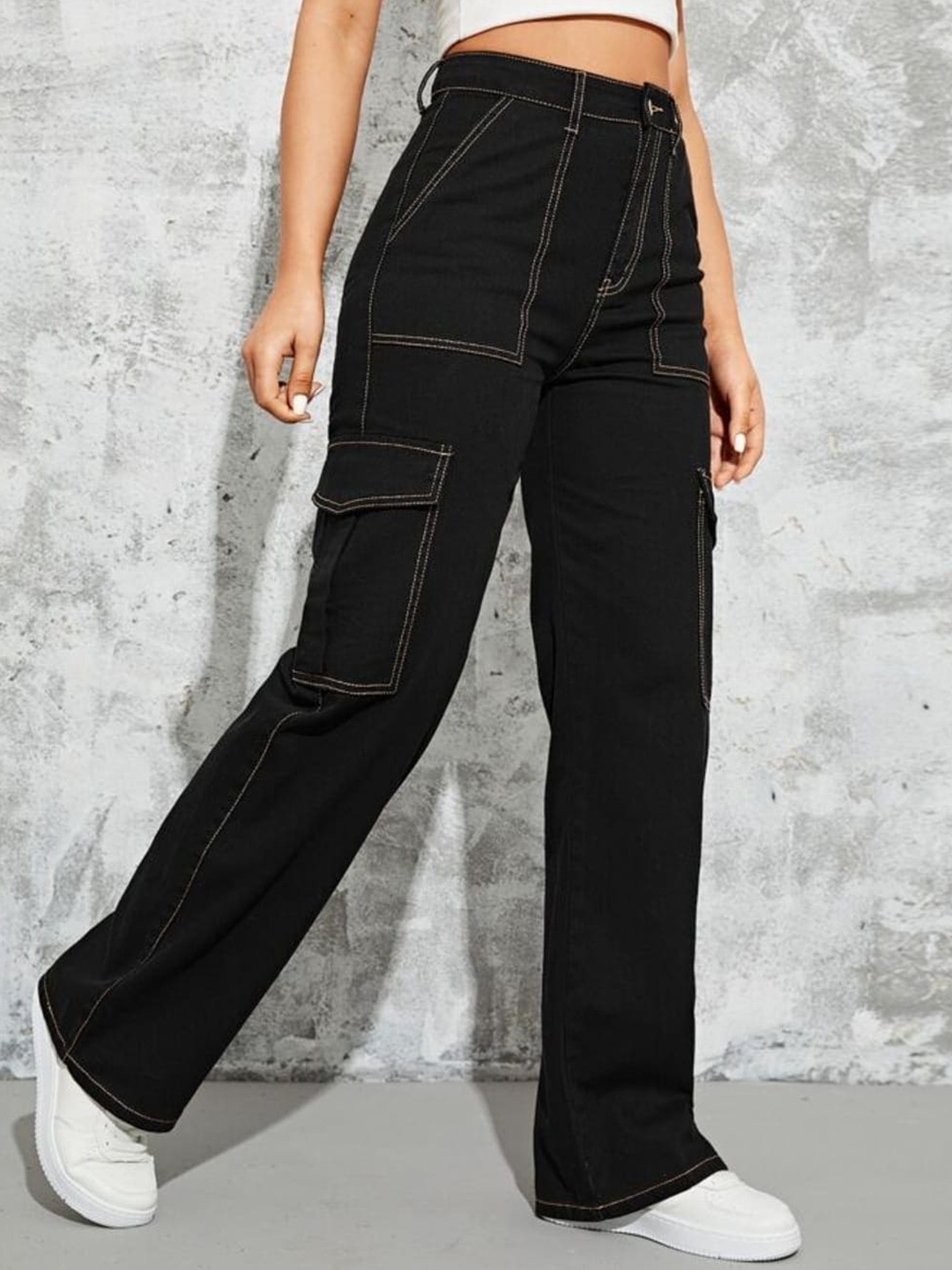 

Next One Women Smart Wide Leg High-Rise Clean Look Stretchable Cargo Jeans, Black