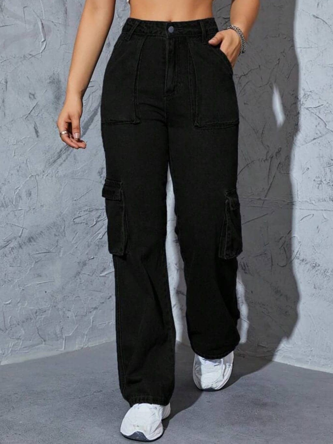 

Next One Women Smart Wide Leg High-Rise Clean Look Stretchable Cargo Jeans, Black