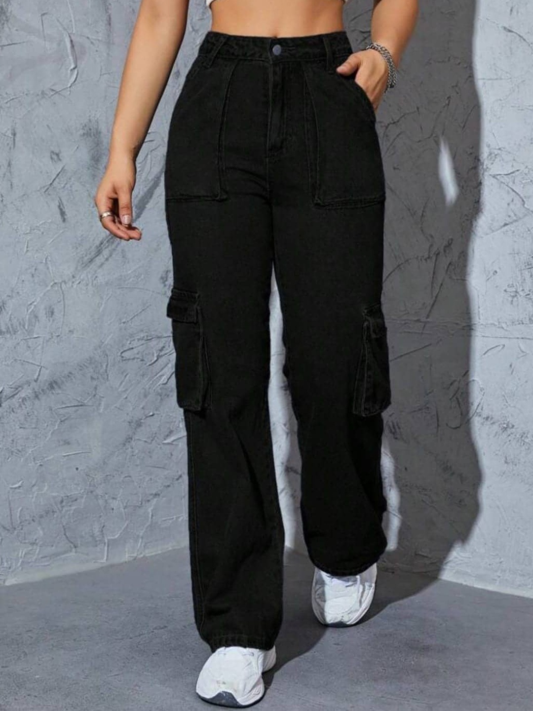 

Next One Women Smart Wide Leg High-Rise Clean Look Stretchable Cargo Jeans, Black