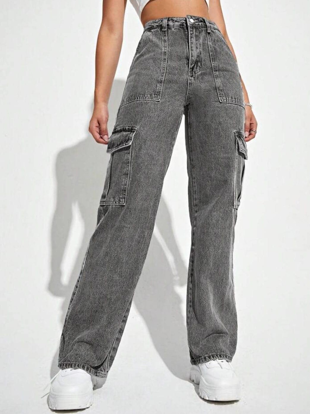 

Next One Women Smart Wide Leg Light Fade High-Rise Clean Look Stretchable Cargo Jeans, Grey