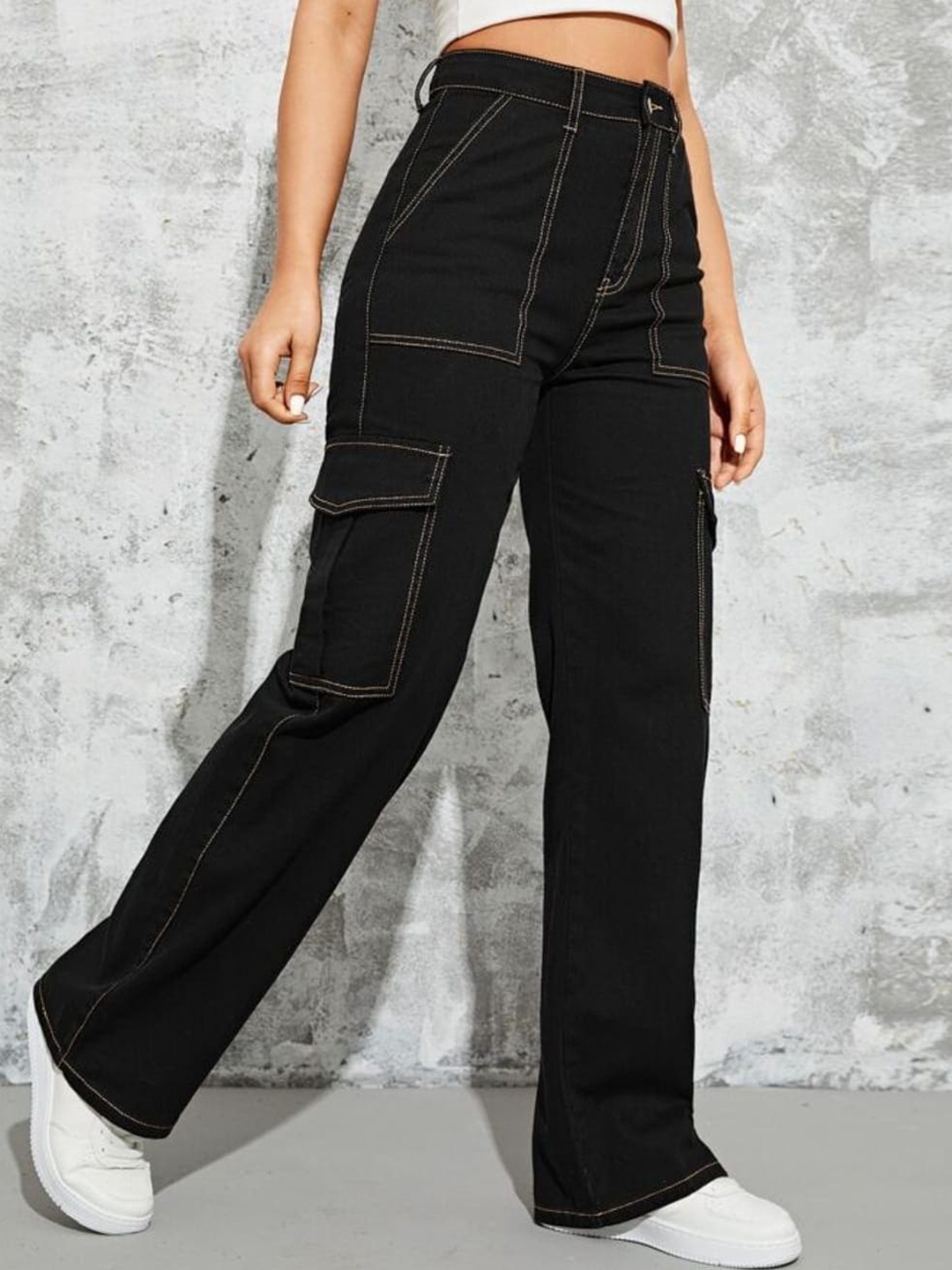 

Next One Women Smart Wide Leg High-Rise Clean Look Stretchable Cargo Jeans, Black