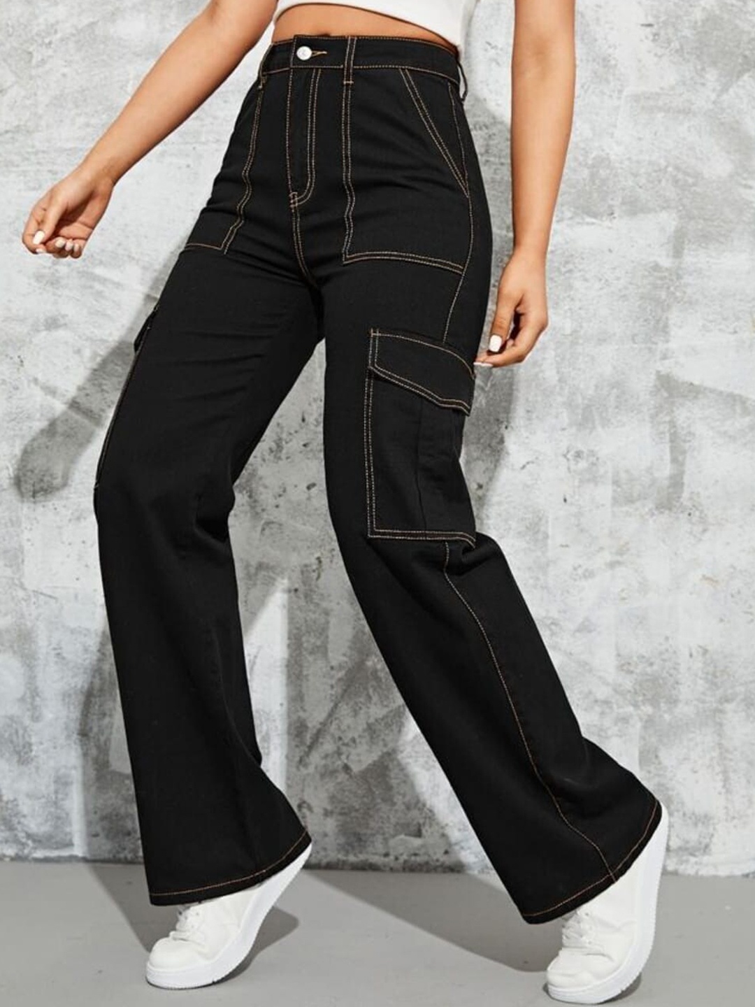 

Next One Women Smart Wide Leg High-Rise Clean Look Stretchable Cargo Jeans, Black