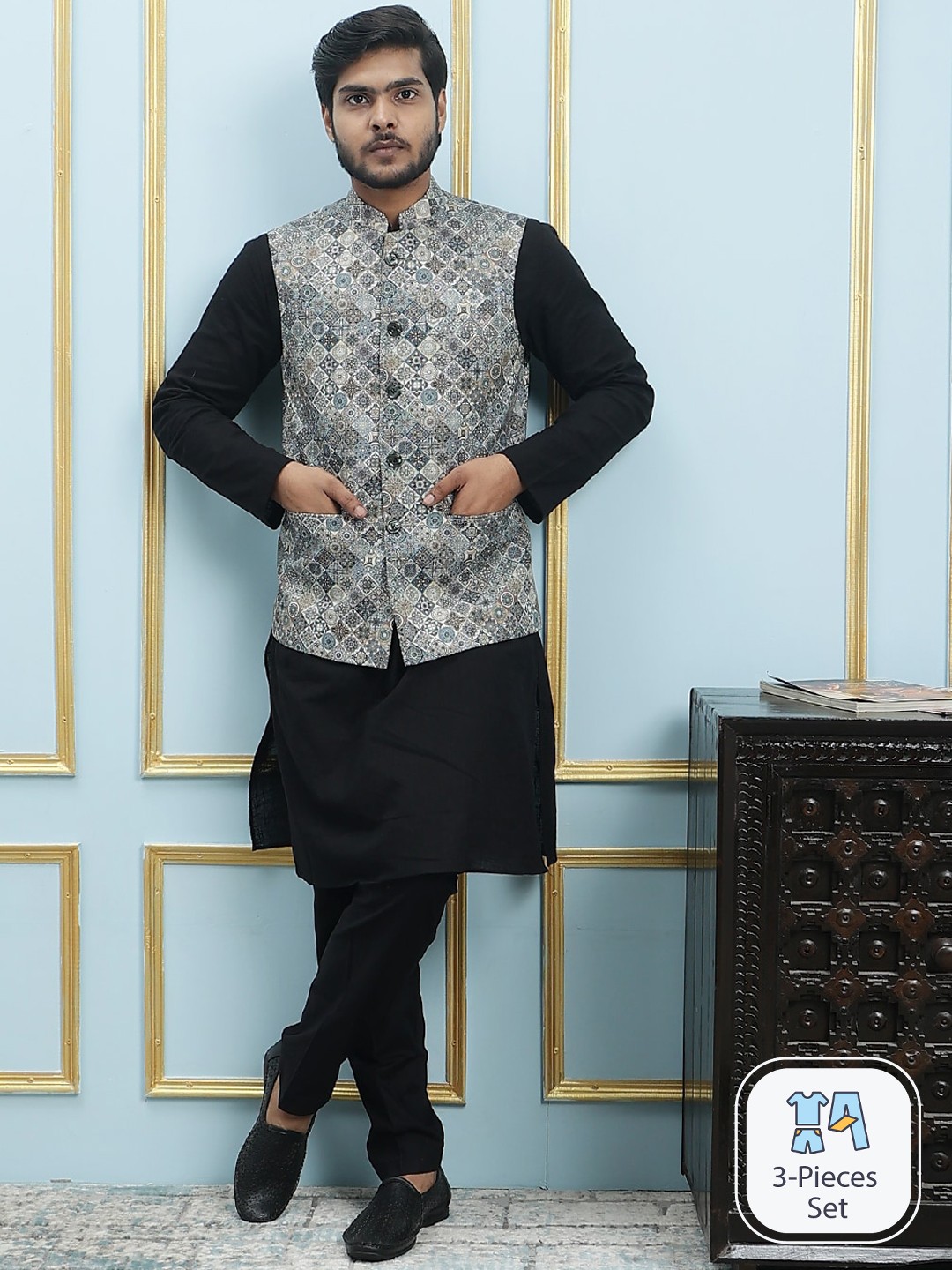 

See Designs Regular Pure Cotton Kurta & Pyjamas With Nehru Jacket, Black