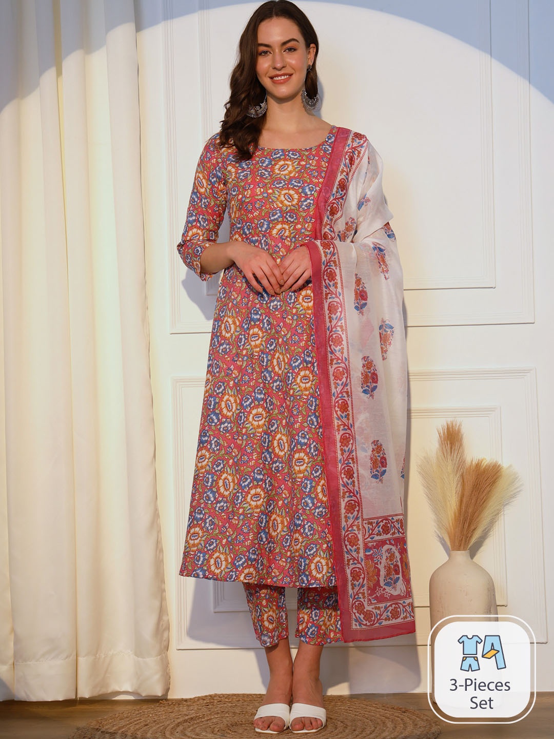 

ASPORA Floral Printed Regular Pure Cotton Kurta With Trousers & Dupatta, Pink