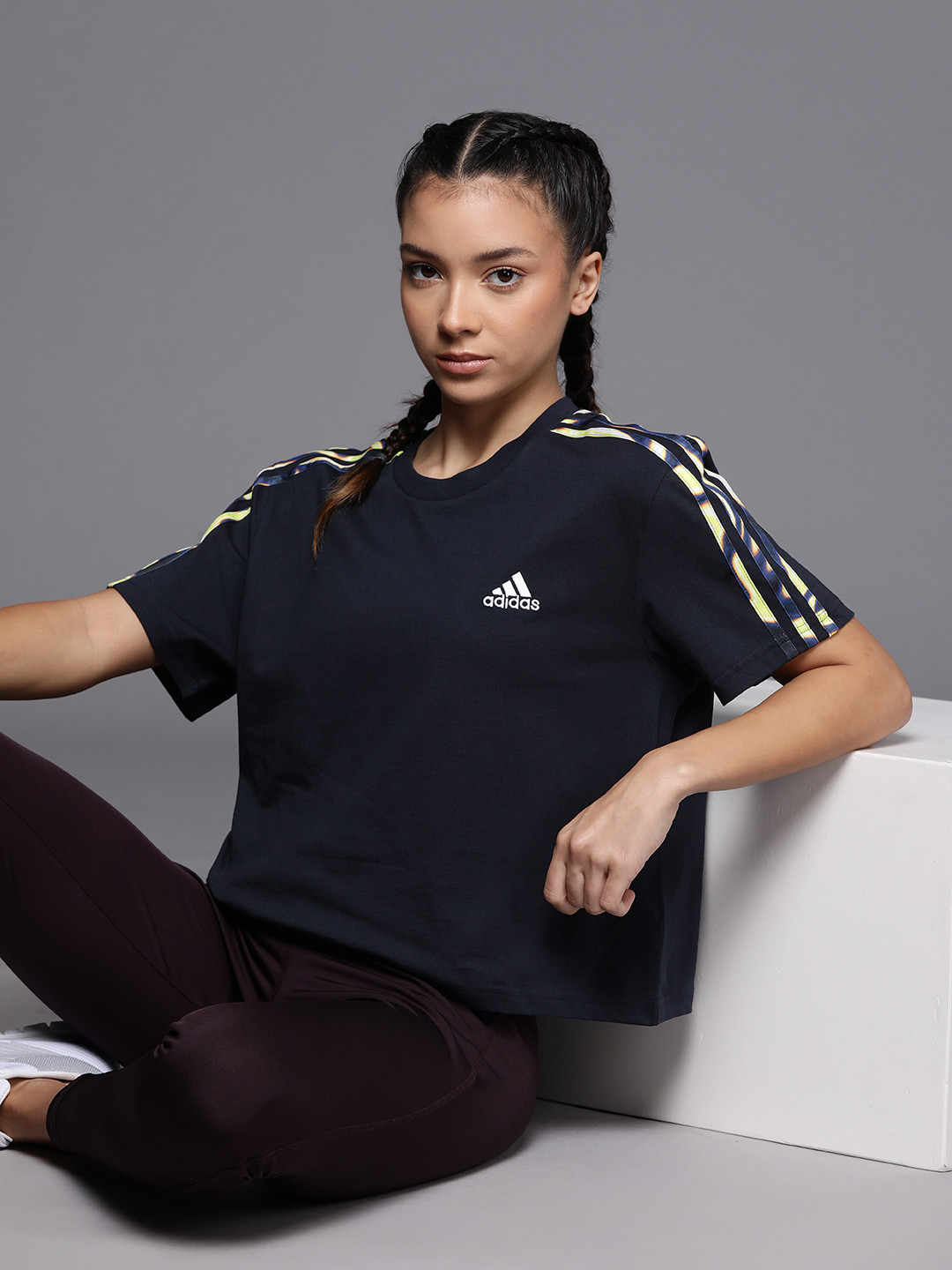 

ADIDAS Women VIBAOP 3S CRO Oversized Pure Cotton T-shirt, Navy blue