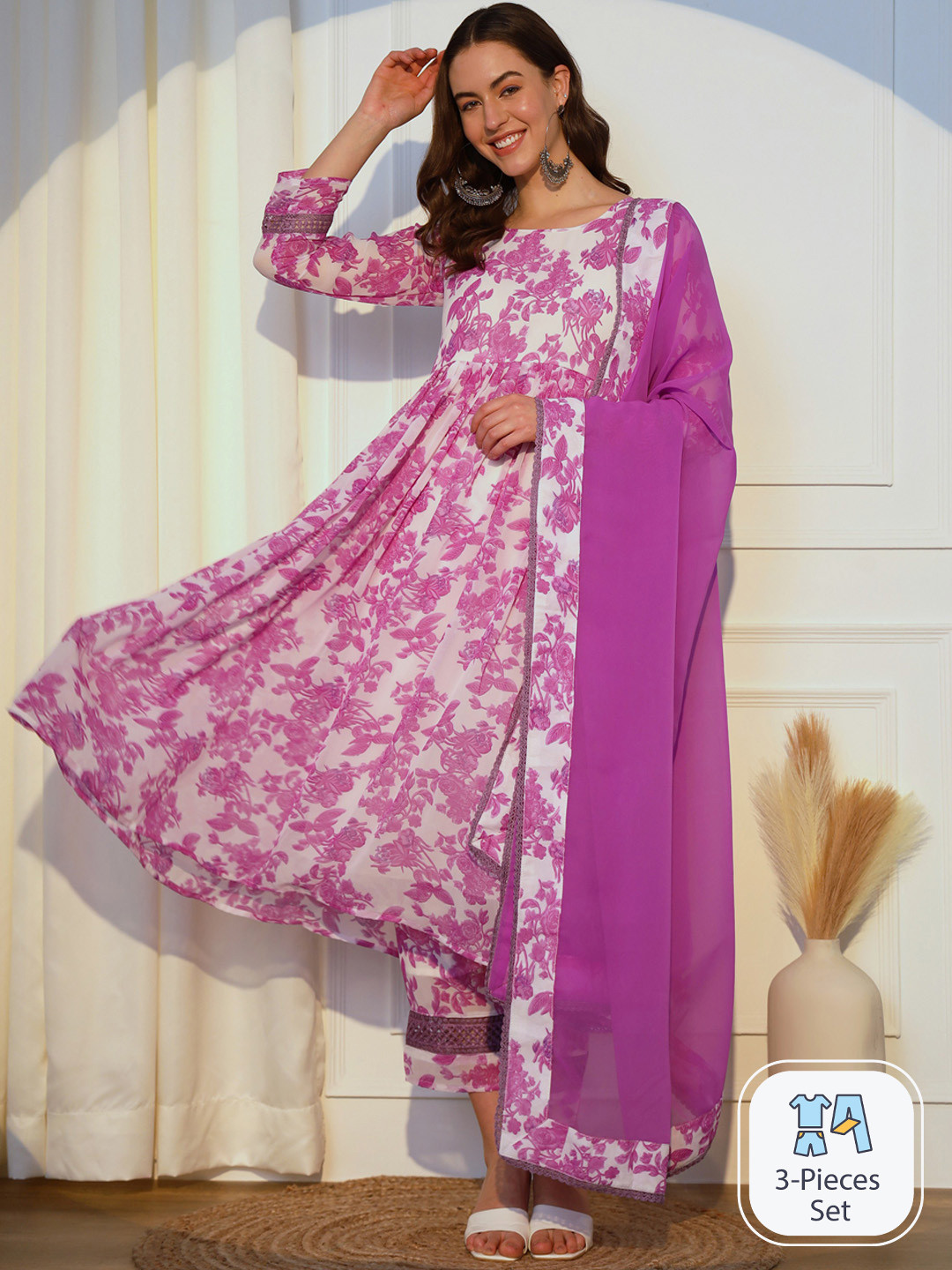 

ASPORA Floral Printed Pleated Georgette Kurta With Trousers & Dupatta, Purple