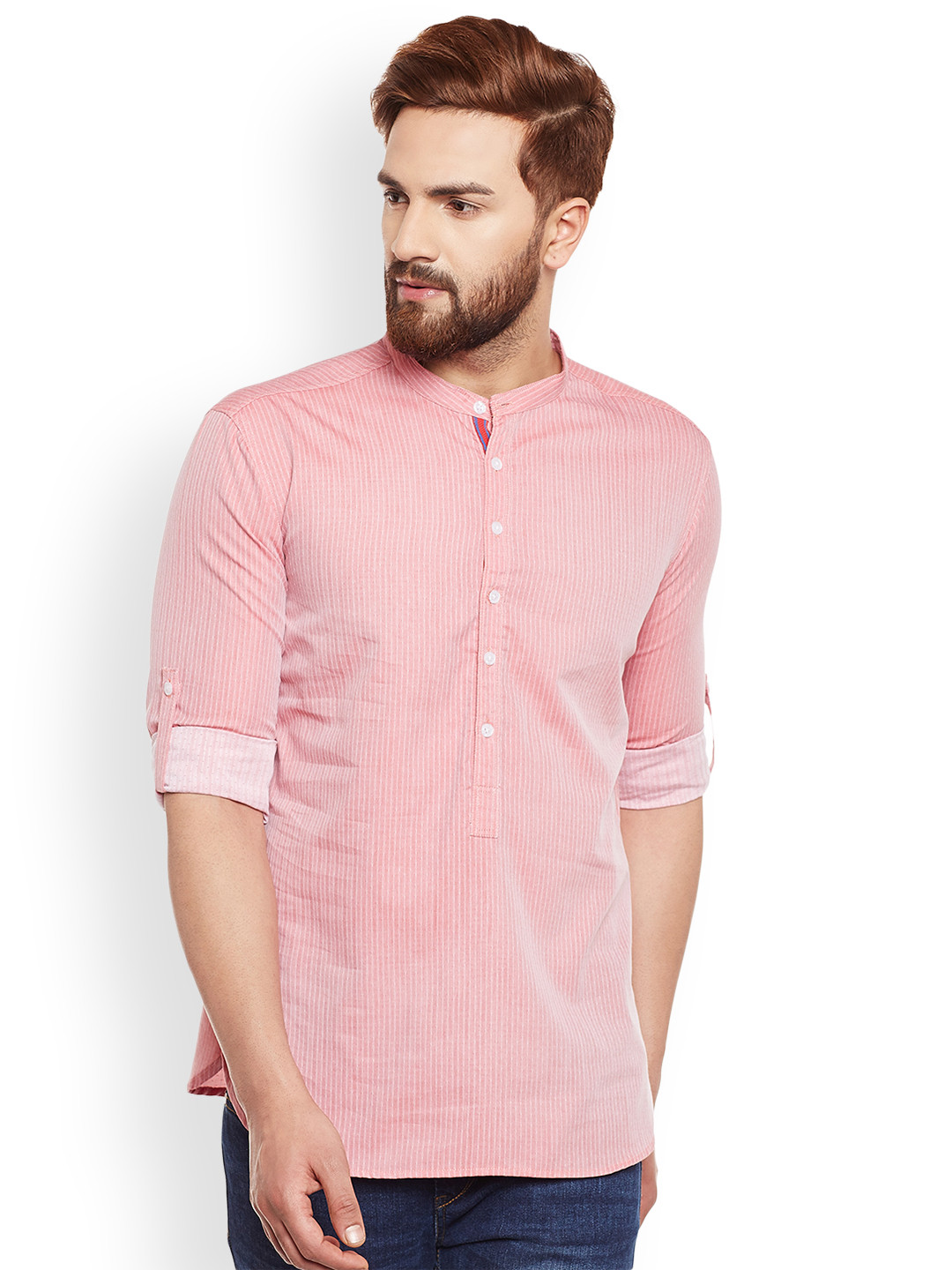 

even Men Pink Striped Straight Short Kurta