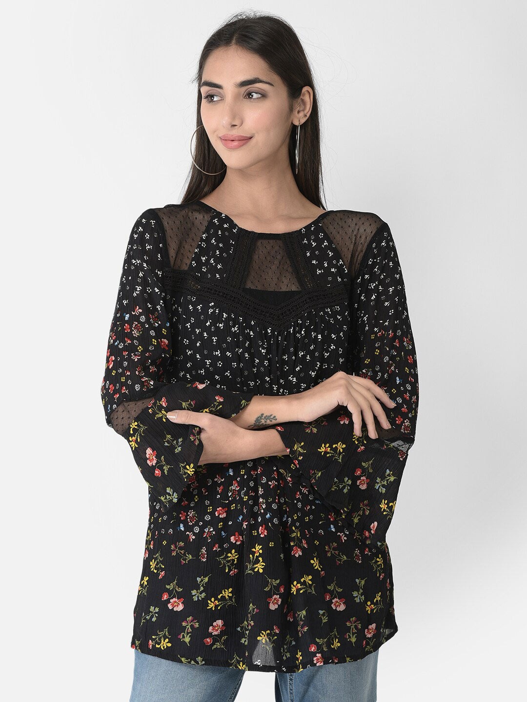 

VELDRESS Floral Printed Bell Sleeves Longline Top, Black