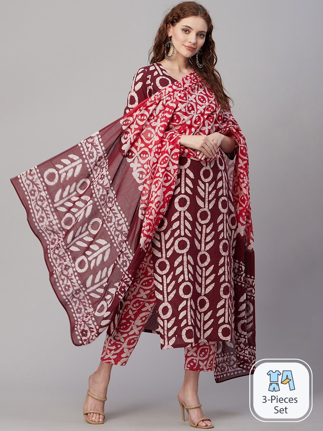 

KALINI Ethnic Motifs Printed Notched Neck Straight Kurta with Trousers & Dupatta, Magenta