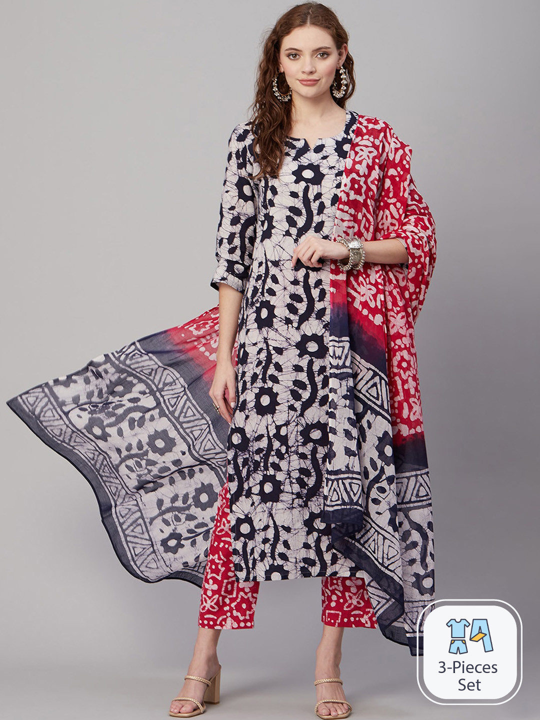 

KALINI Floral Printed Regular Kurta with Trousers & With Dupatta, Grey