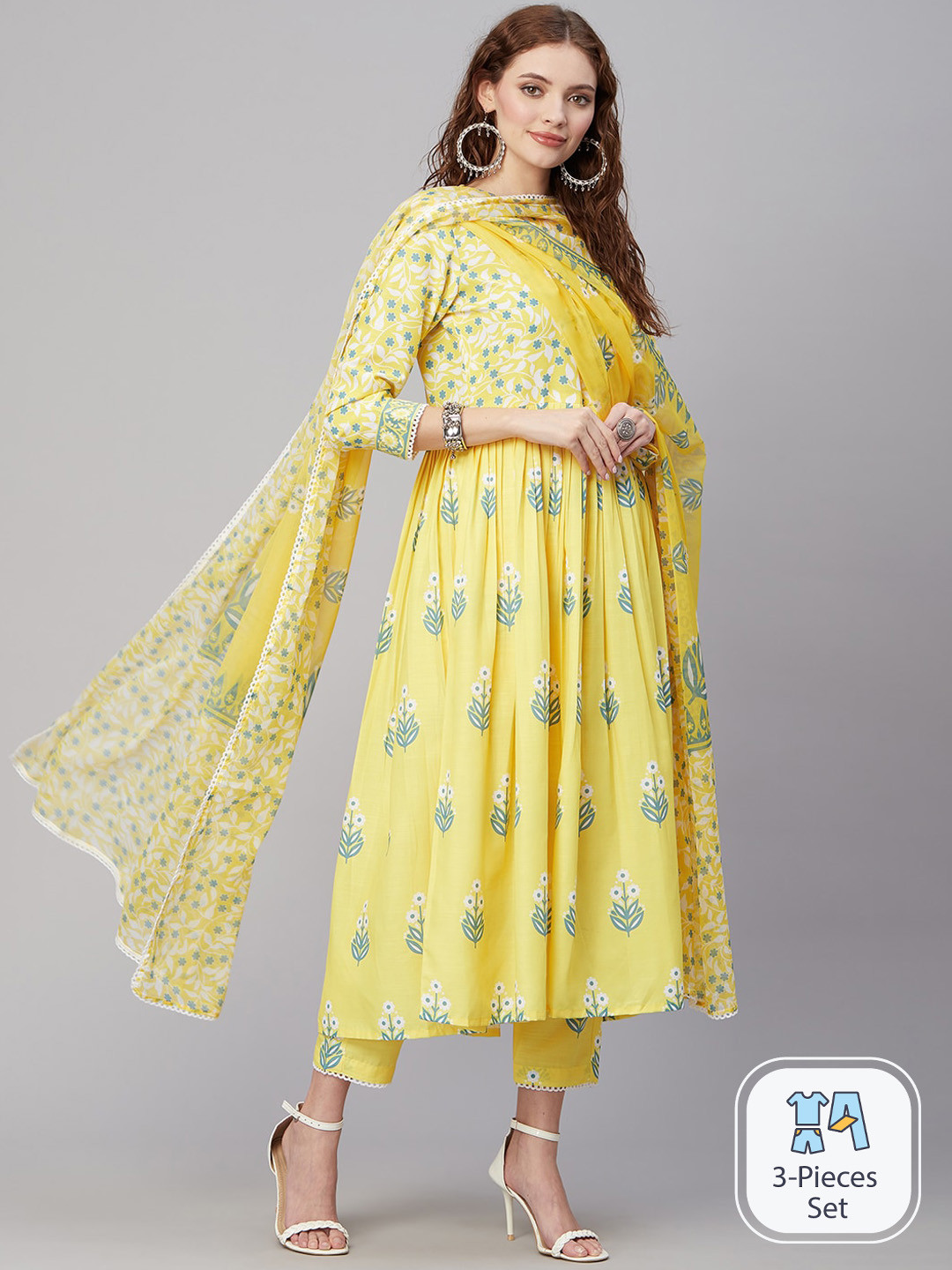 

GoSriKi Ethnic Motifs Printed Anarkali Pleated Kurta with Trousers & Dupatta, Yellow