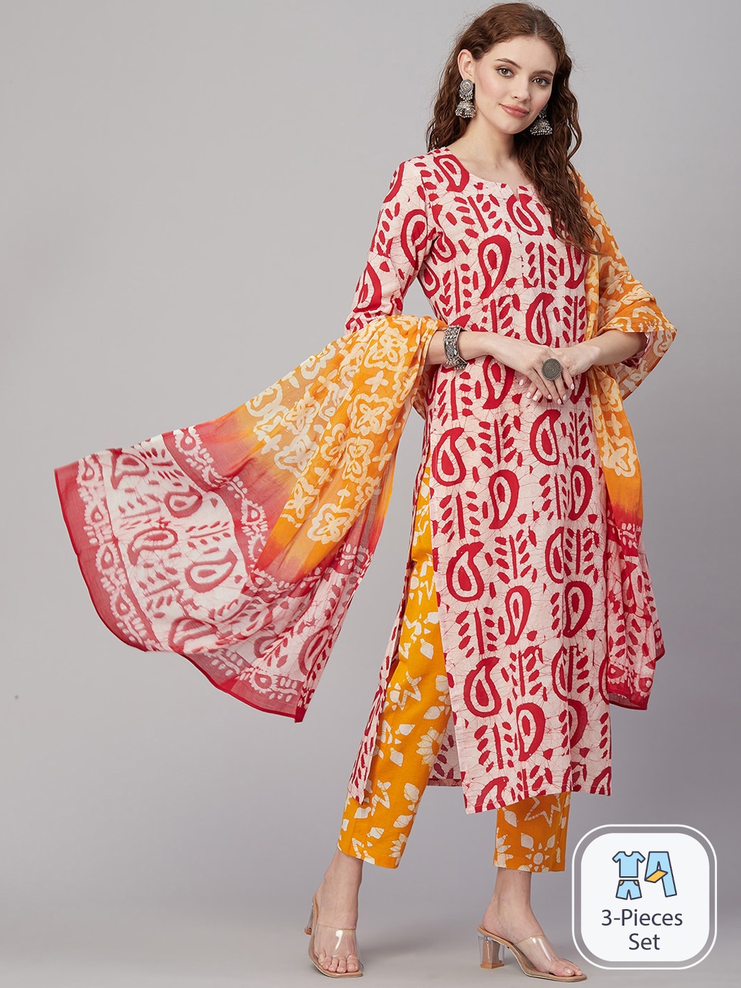 

KALINI Ethnic Motifs Printed Notched Neck Straight Kurta with Trousers & Dupatta, Pink