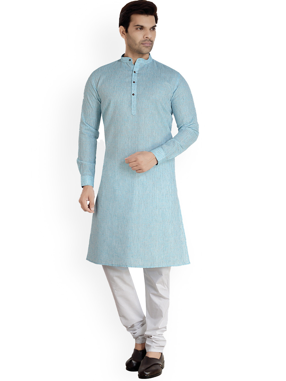 

ARRUGA Striped Mandarin Collar Straight Kurta with Churidar, Blue
