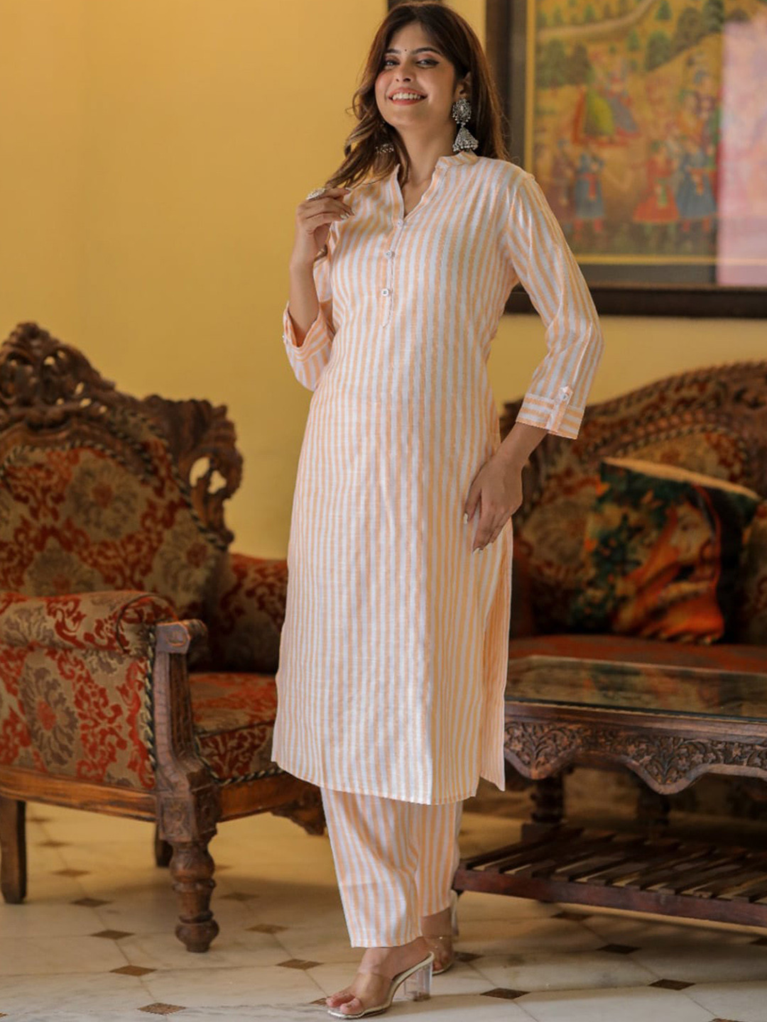 

KALINI Striped Mandarin Collar Kurta with Trousers, Peach