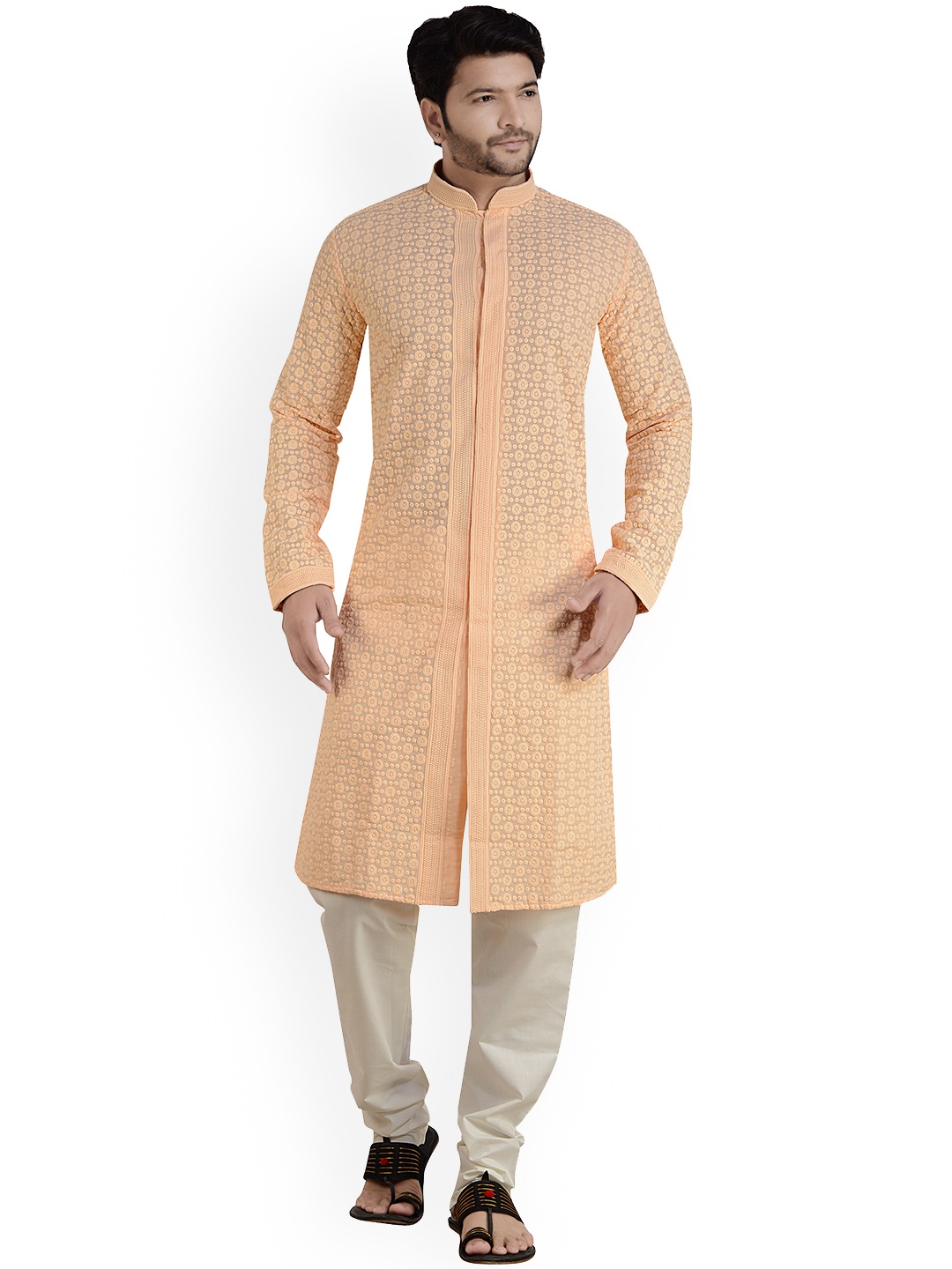 

ARRUGA Floral Embroidered Mandarin Collar Straight Kurta with Pyjamas, Peach