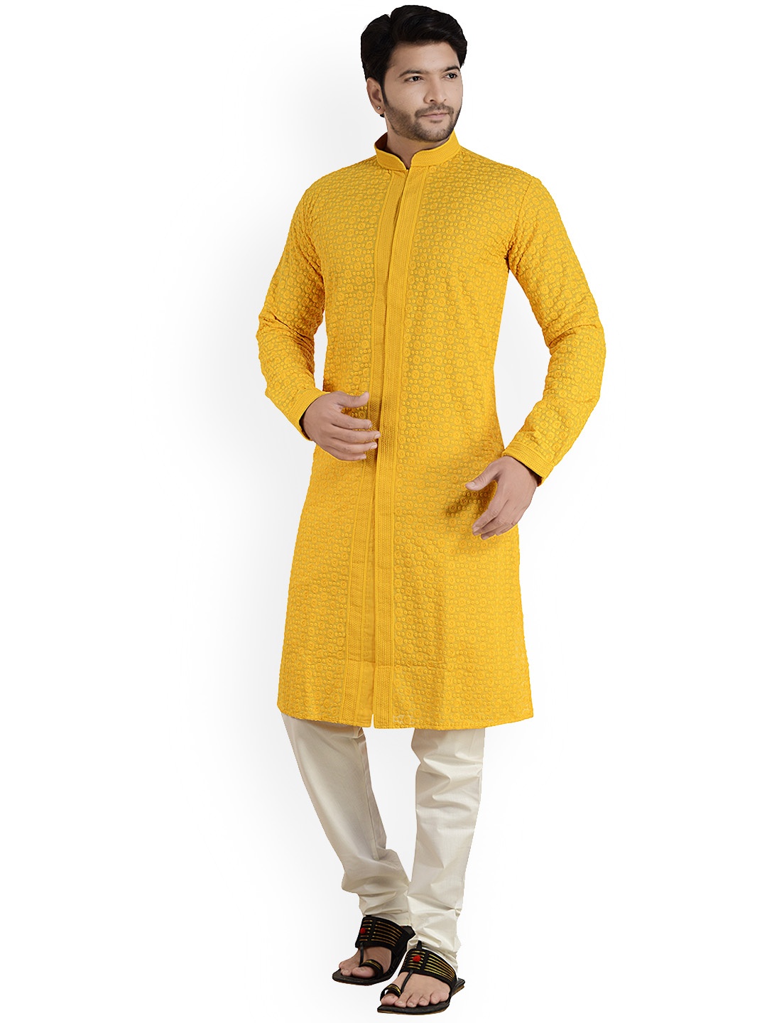 

ARRUGA Floral Embroidered Mandarin Collar Straight Kurta with Churidar, Mustard